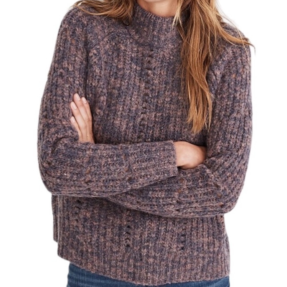 Madewell Pointelle Mockneck Chunky Knit Sweater in Heathered Eggplant